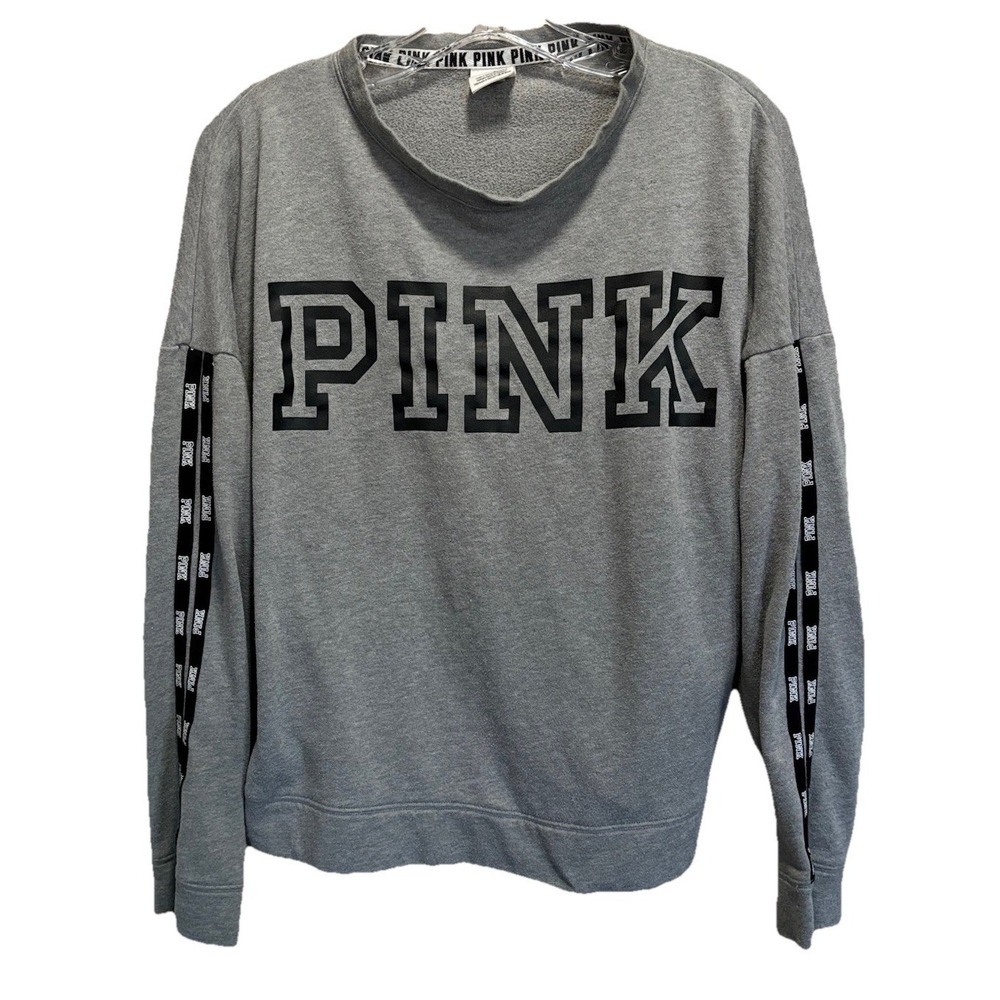 VS PINK Gray/Blk Sweatshirt Size Medium Long Sleeve Logo Graphic Love Dog Casual